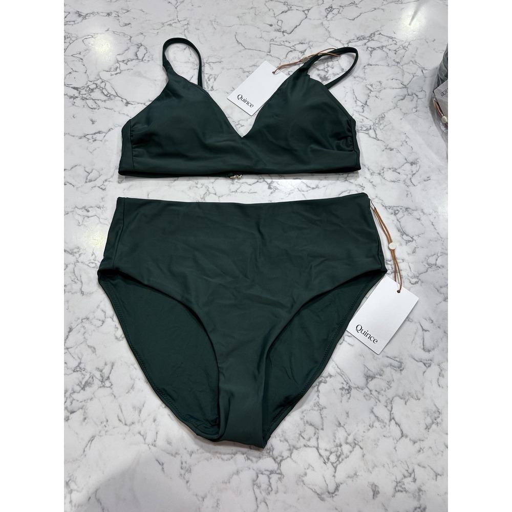 NWT Quince Palm Green Italian V Neck Bikini Top & High Rise Bottom Set Medium